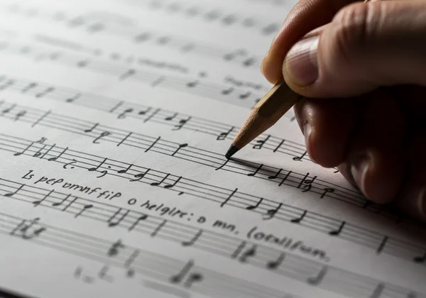 Hand quickly notating melody on blank staff paper