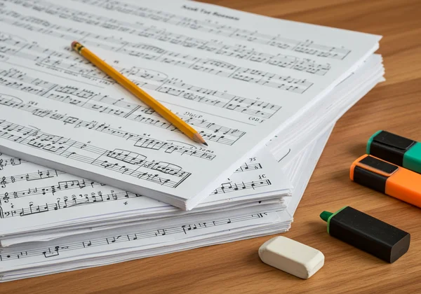 Neatly organized stack of music manuscripts
