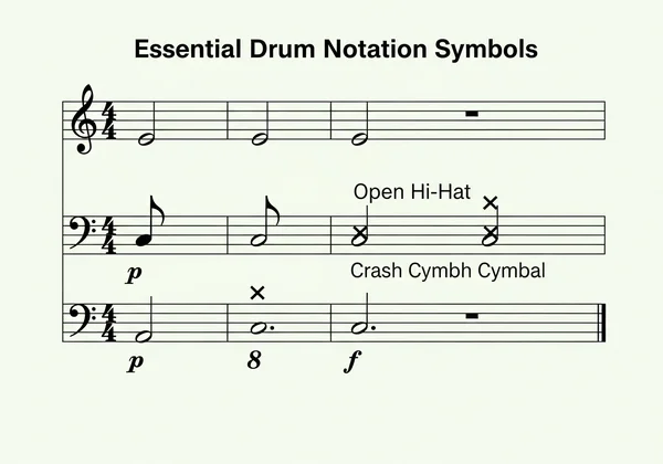 Illustration of drum notation: noteheads, rests, dynamics