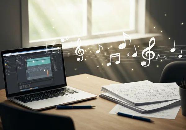 Composer blending digital tools and paper for music creation