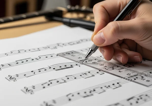Hand writing music neatly with pencil and staff paper