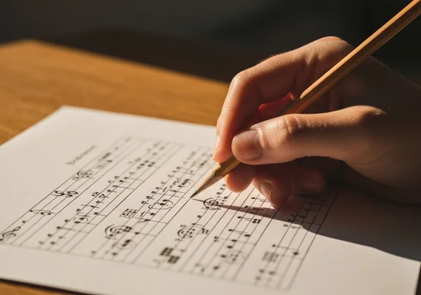 Hands writing musical notes and chords on staff paper