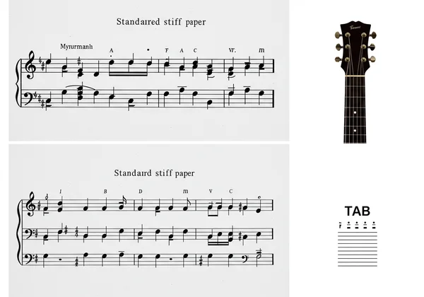 Diverse staff paper: piano grand, guitar tablature, single voice.