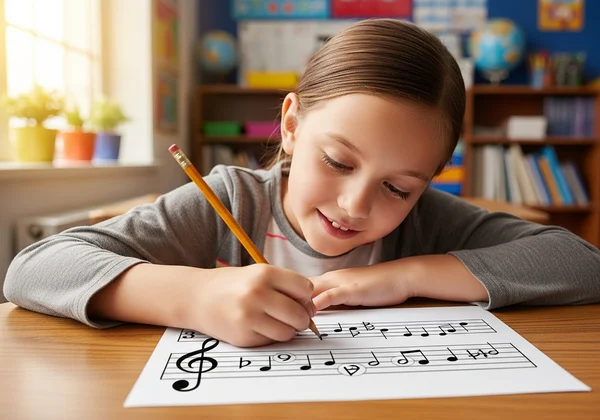 Students writing music notes on staff paper worksheet.