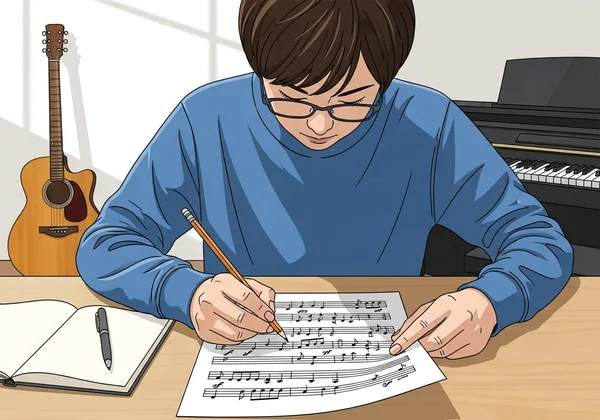 Musician learning with staff paper and pencil