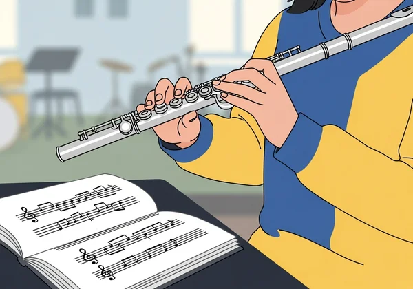 Flutist with sheet music and a flute