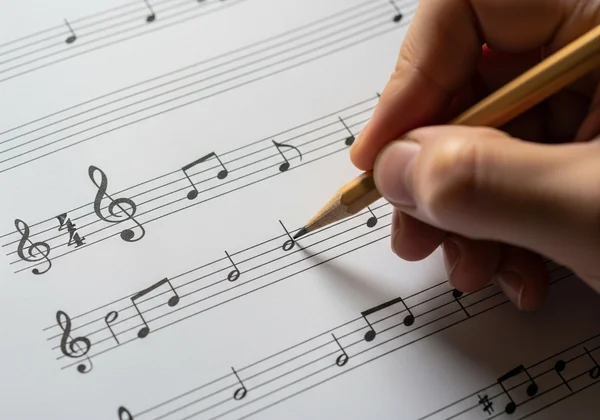 Hand writing music on blank staff paper