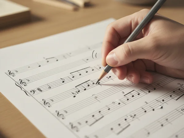 Hand writing musical notes on staff paper